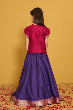 Bird Embroidered Kids Skirt set with Zari Border - Magenta & Purple