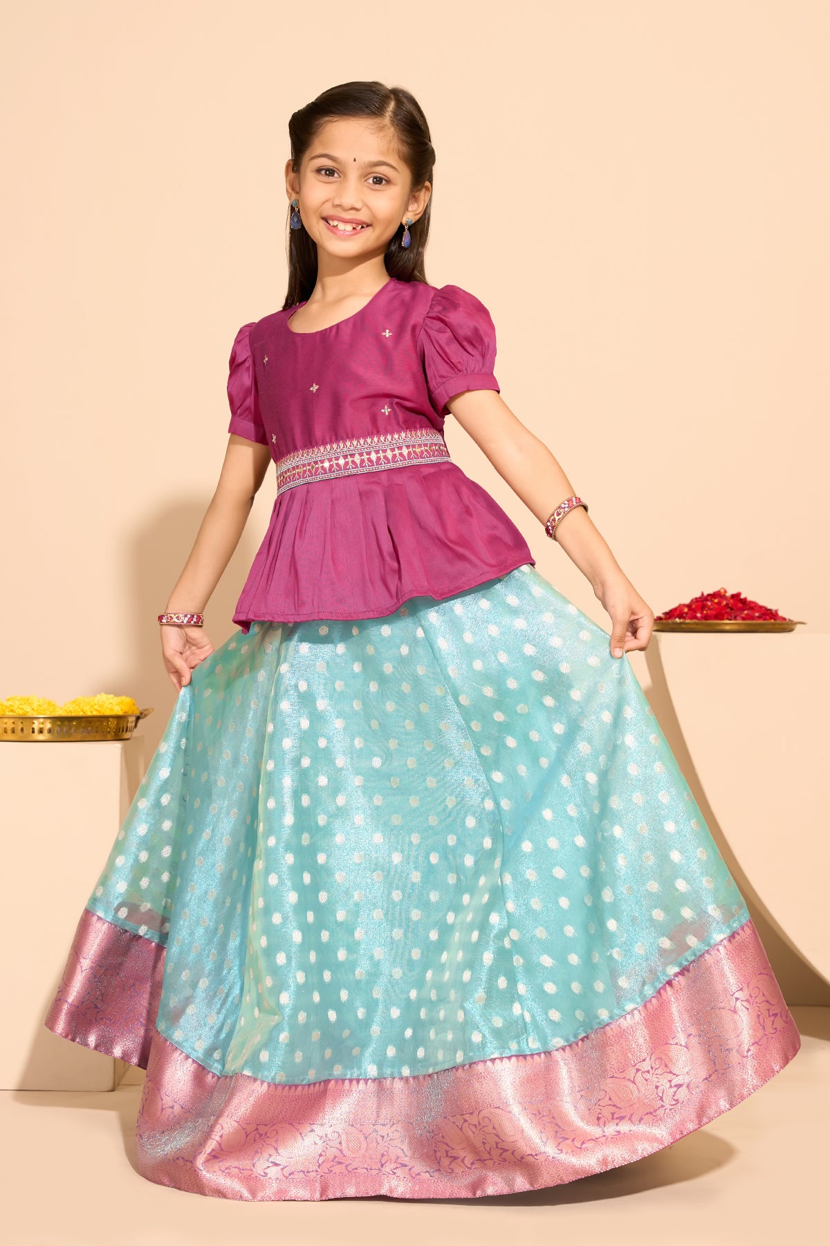 Embroidered Kids Skirtset with Bocade Skirt - Pink & Blue
