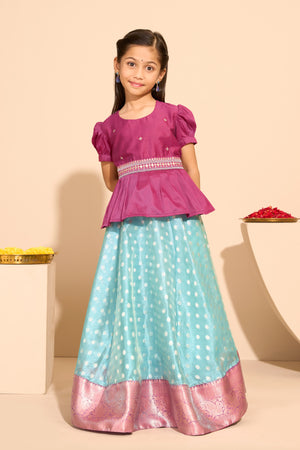 Embroidered Kids Skirtset with Bocade Skirt - Pink & Blue
