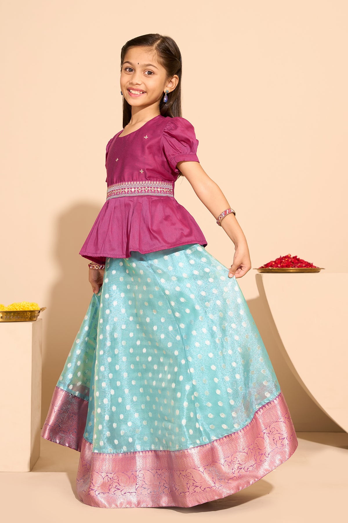 Embroidered Kids Skirtset with Bocade Skirt - Pink & Blue
