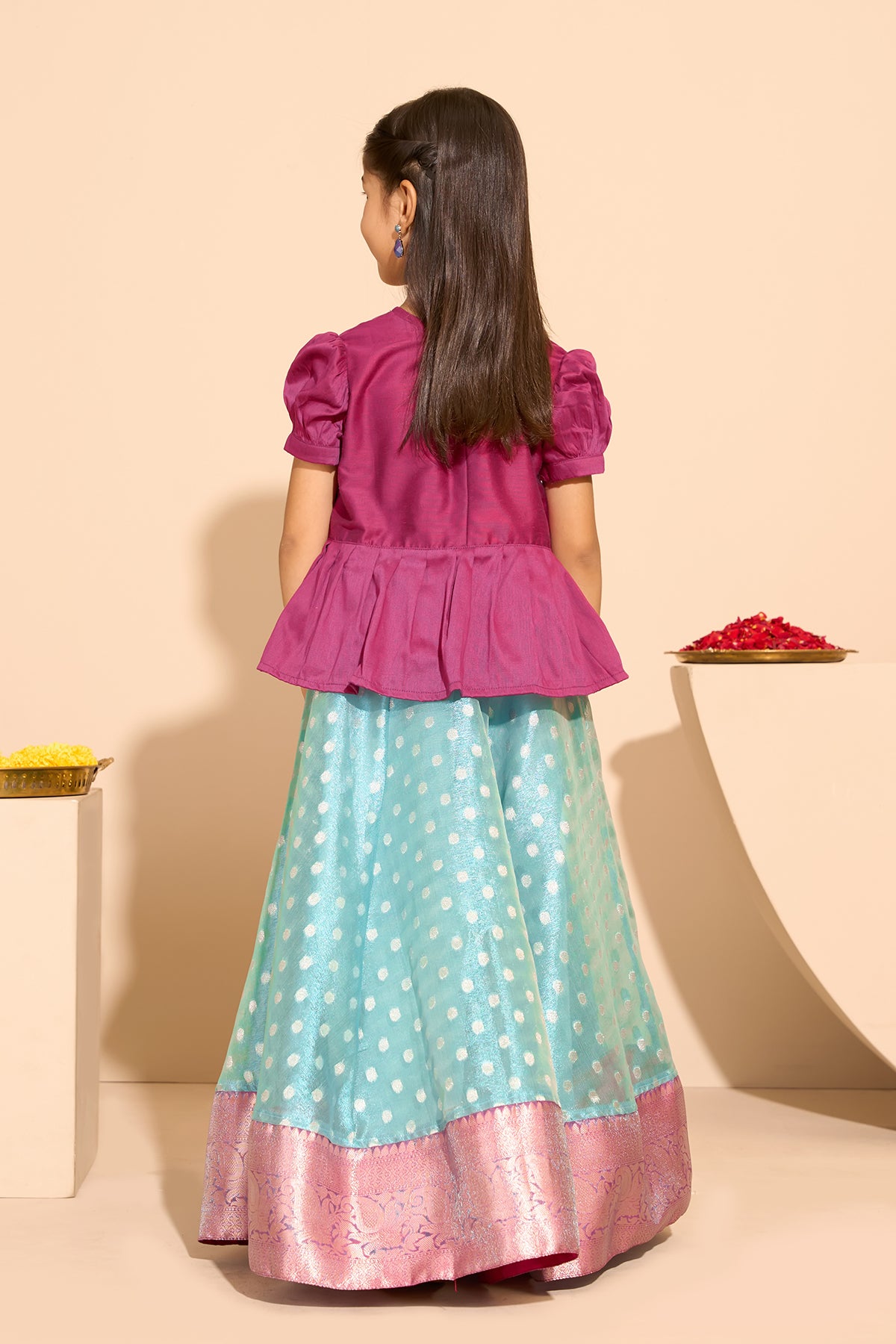 Embroidered Kids Skirtset with Bocade Skirt - Pink & Blue
