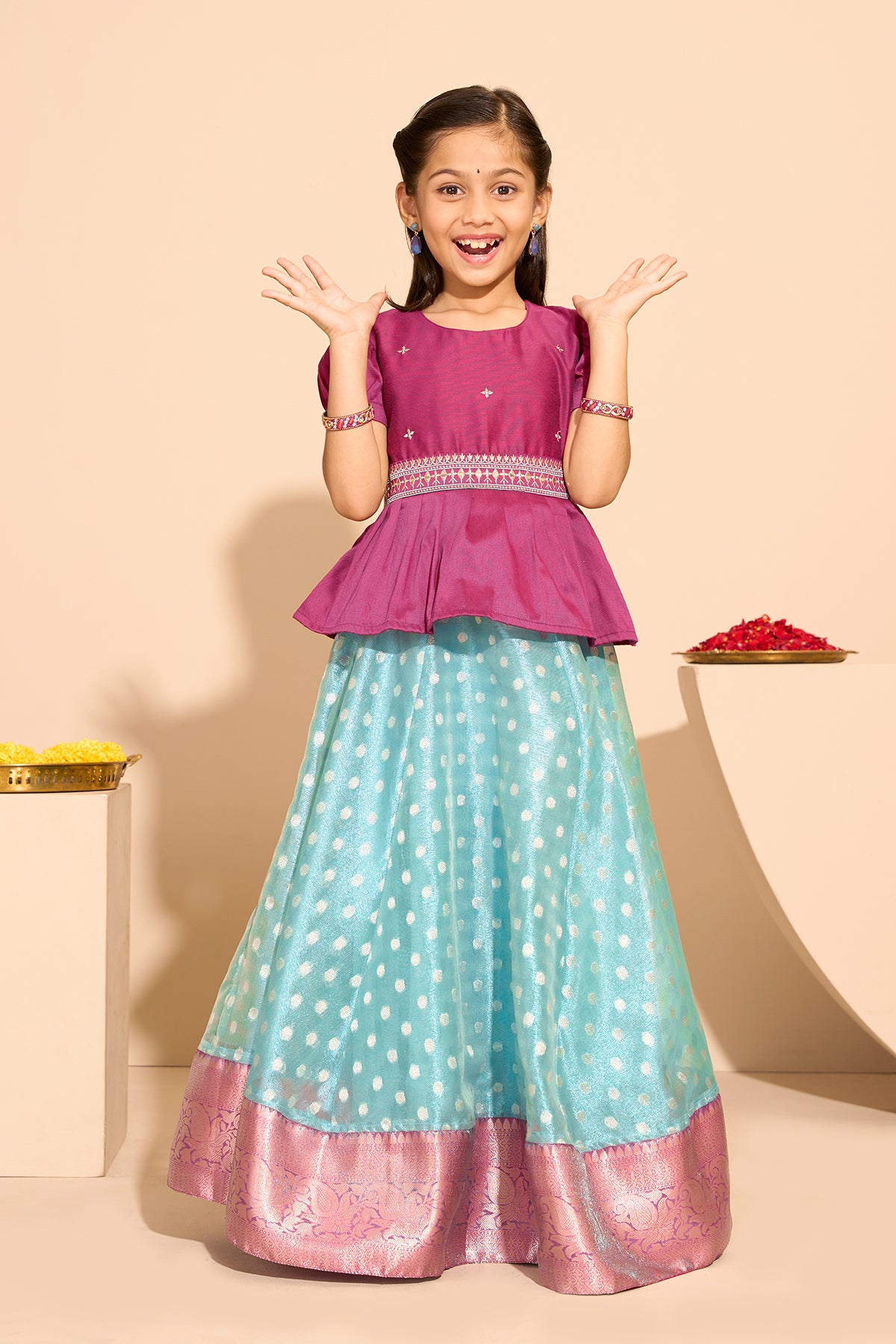 Embroidered Kids Skirtset with Bocade Skirt - Pink & Blue