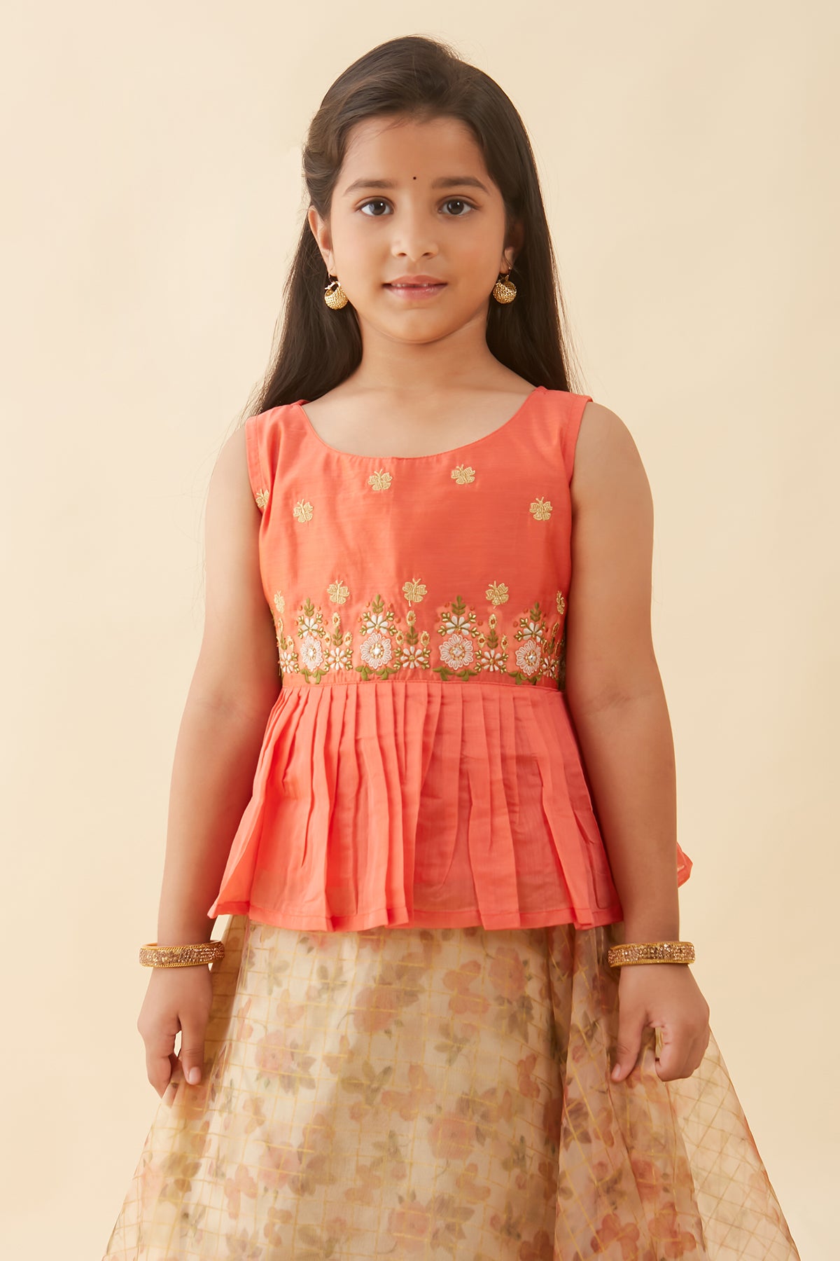 Butterfly Embroidered Top & Floral Printed Kids Skirt Set - Peach
