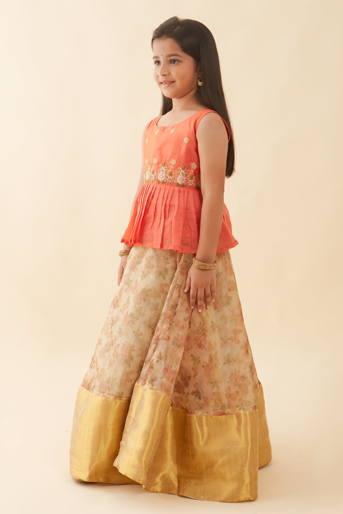 Butterfly Embroidered Top & Floral Printed Kids Skirt Set - Peach
