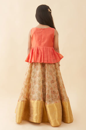 Butterfly Embroidered Top & Floral Printed Kids Skirt Set - Peach
