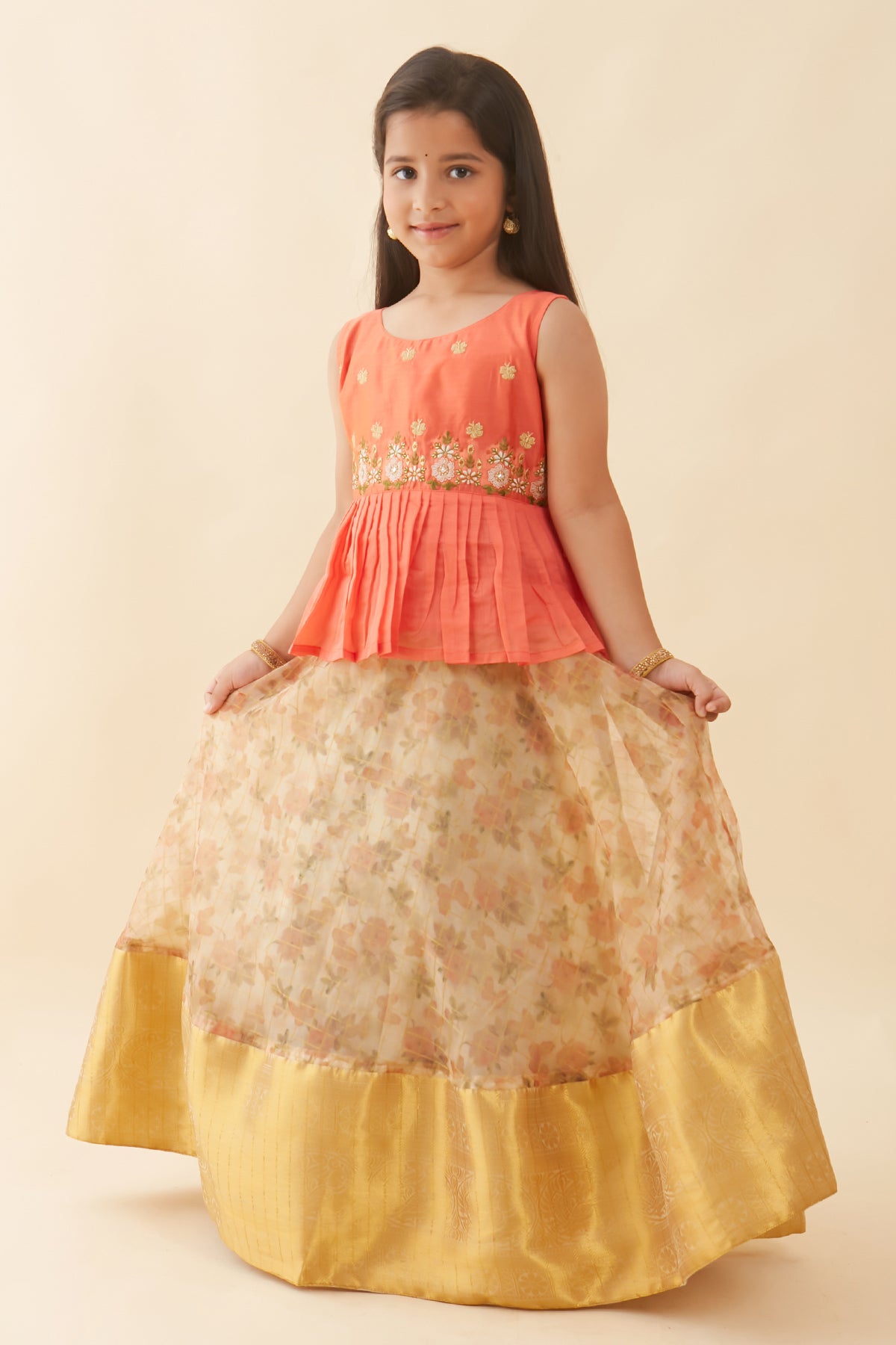 Butterfly Embroidered Top & Floral Printed Kids Skirt Set - Peach