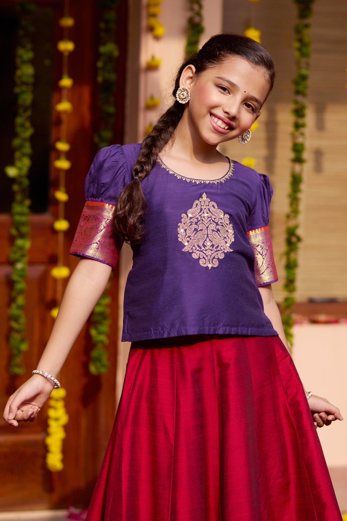 Peacock Embroidered Kids Skirt set with Zari Border - Purple & Red
