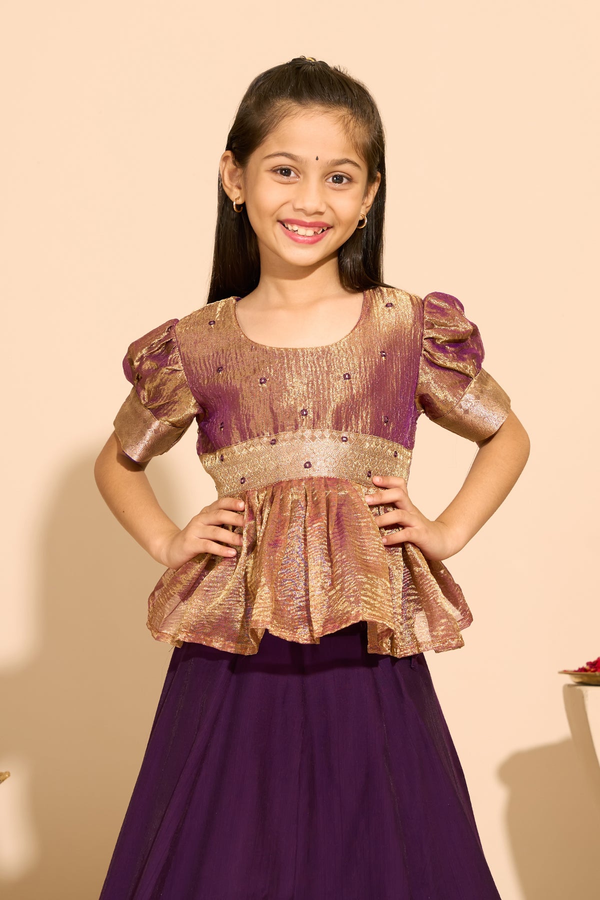 Foil Mirror Embellished Peplum Kids Skirtset with Zari Skirt - Gold & Purple