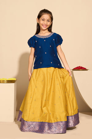 Floral Embroidered Kids Skirt set - Blue & Mustard
