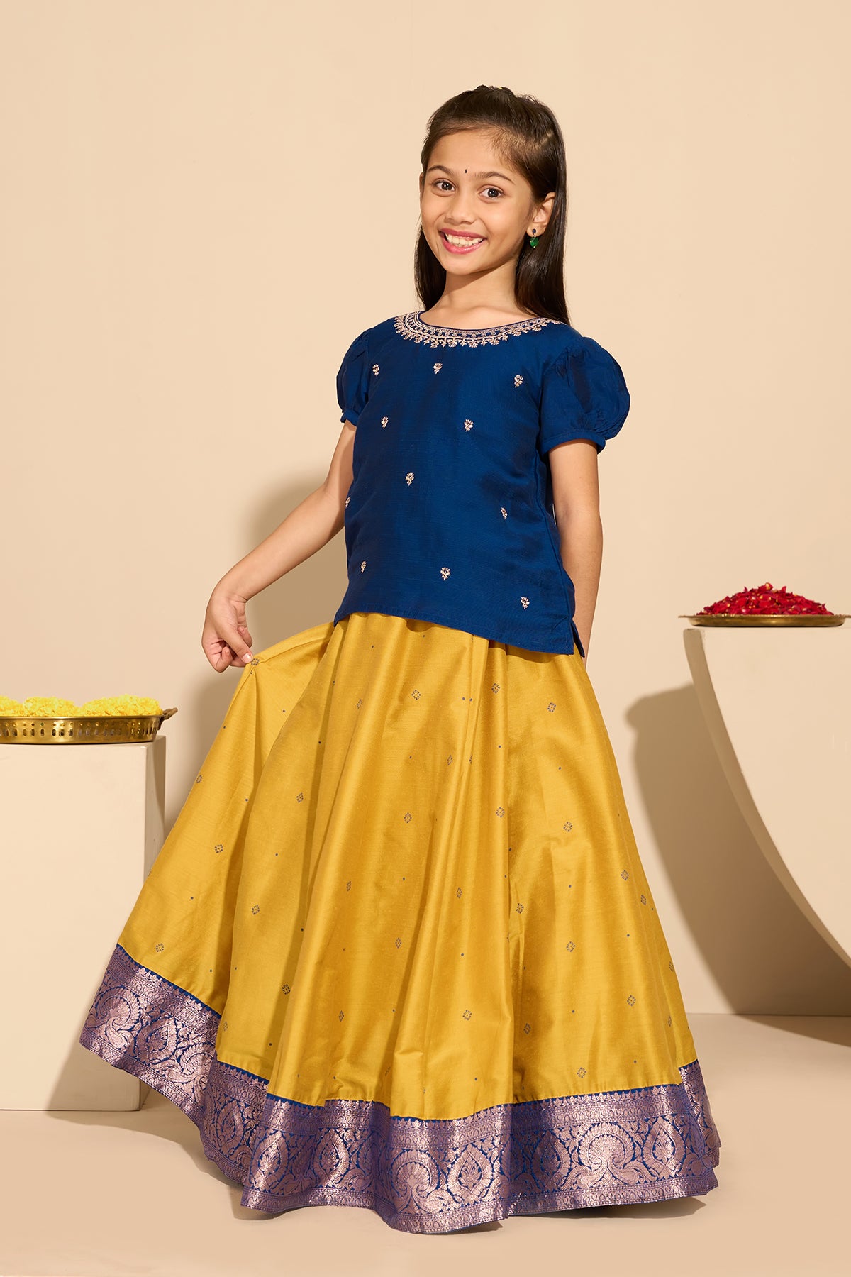 Floral Embroidered Kids Skirt set - Blue & Mustard
