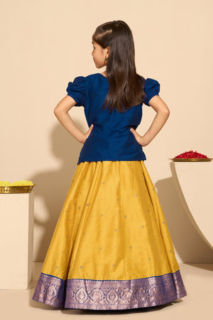 Floral Embroidered Kids Skirt set - Blue & Mustard
