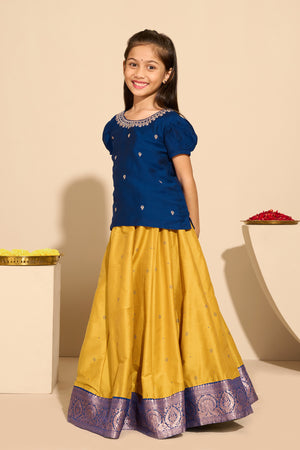 Floral Embroidered Kids Skirt set - Blue & Mustard