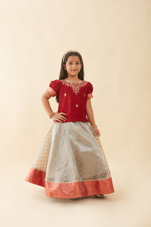 Floral Embroidered Neckline Top Brocade With Silk Border Kids Skirt Set Red