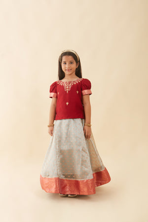 Floral Embroidered Neckline Top Brocade With Silk Border Kids Skirt Set Red