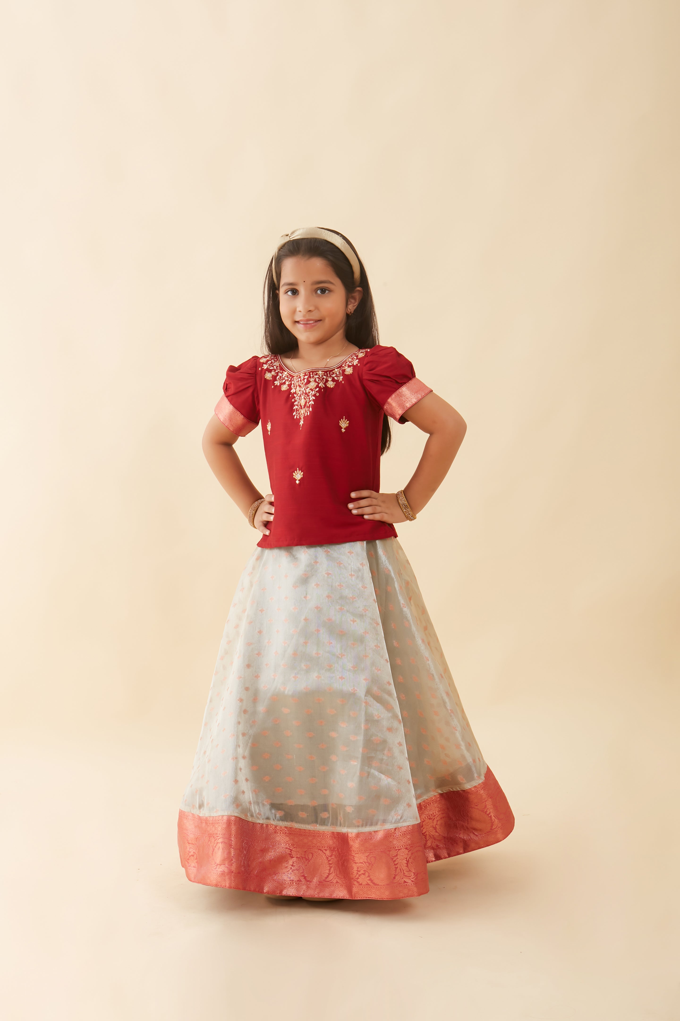 Floral Embroidered Neckline Top Brocade With Silk Border Kids Skirt Set Red