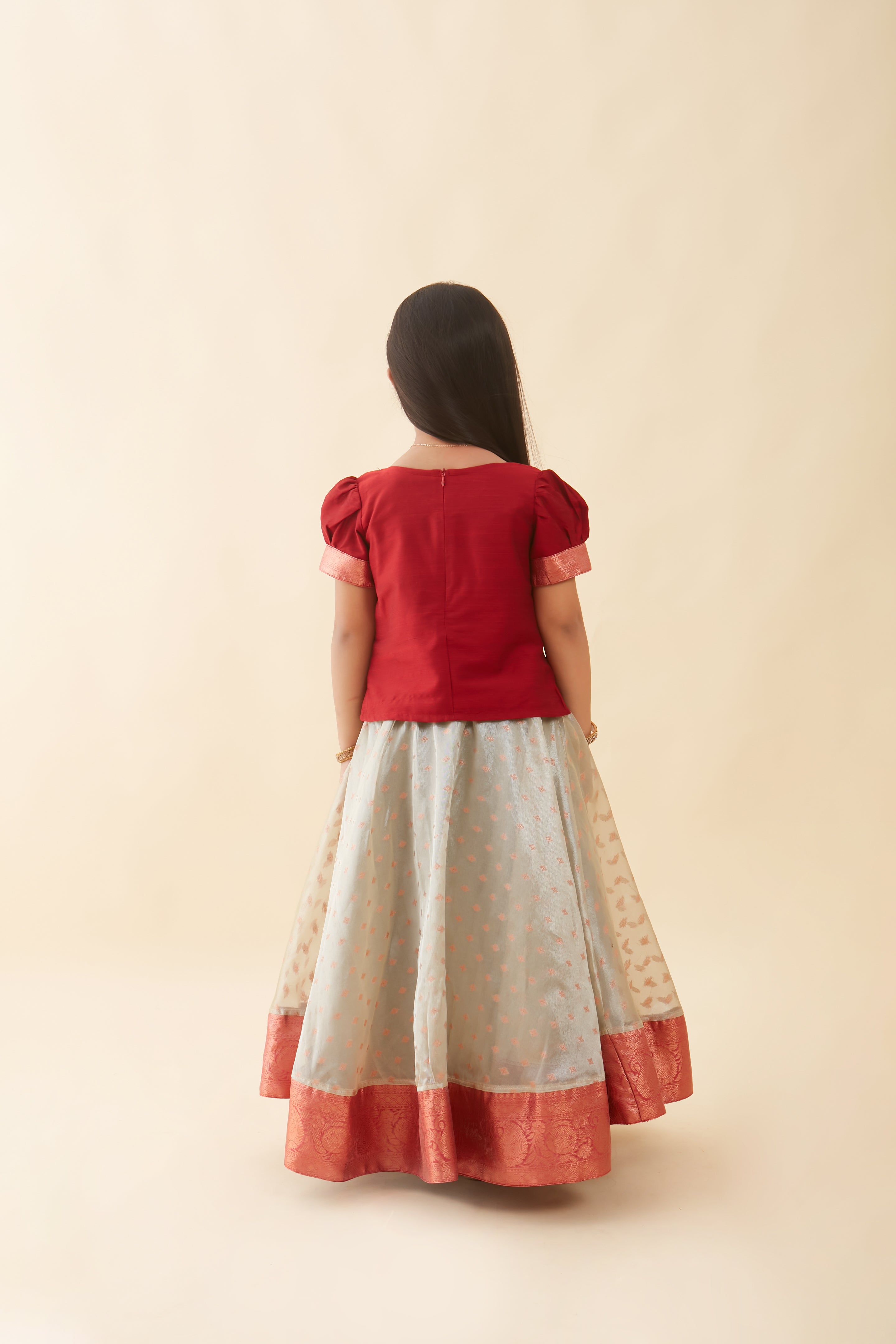 Floral Embroidered Neckline Top Brocade With Silk Border Kids Skirt Set Red