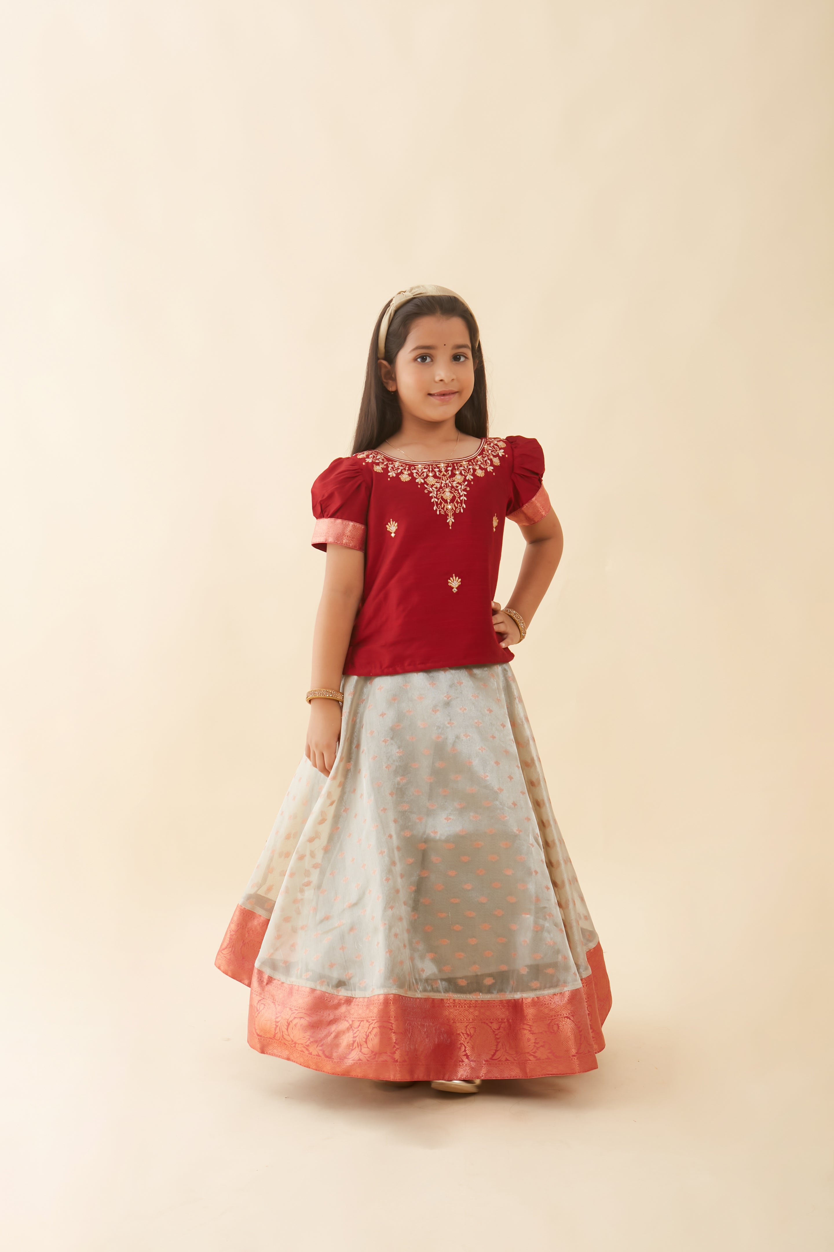 Floral Embroidered Neckline Top Brocade With Silk Border Kids Skirt Set Red