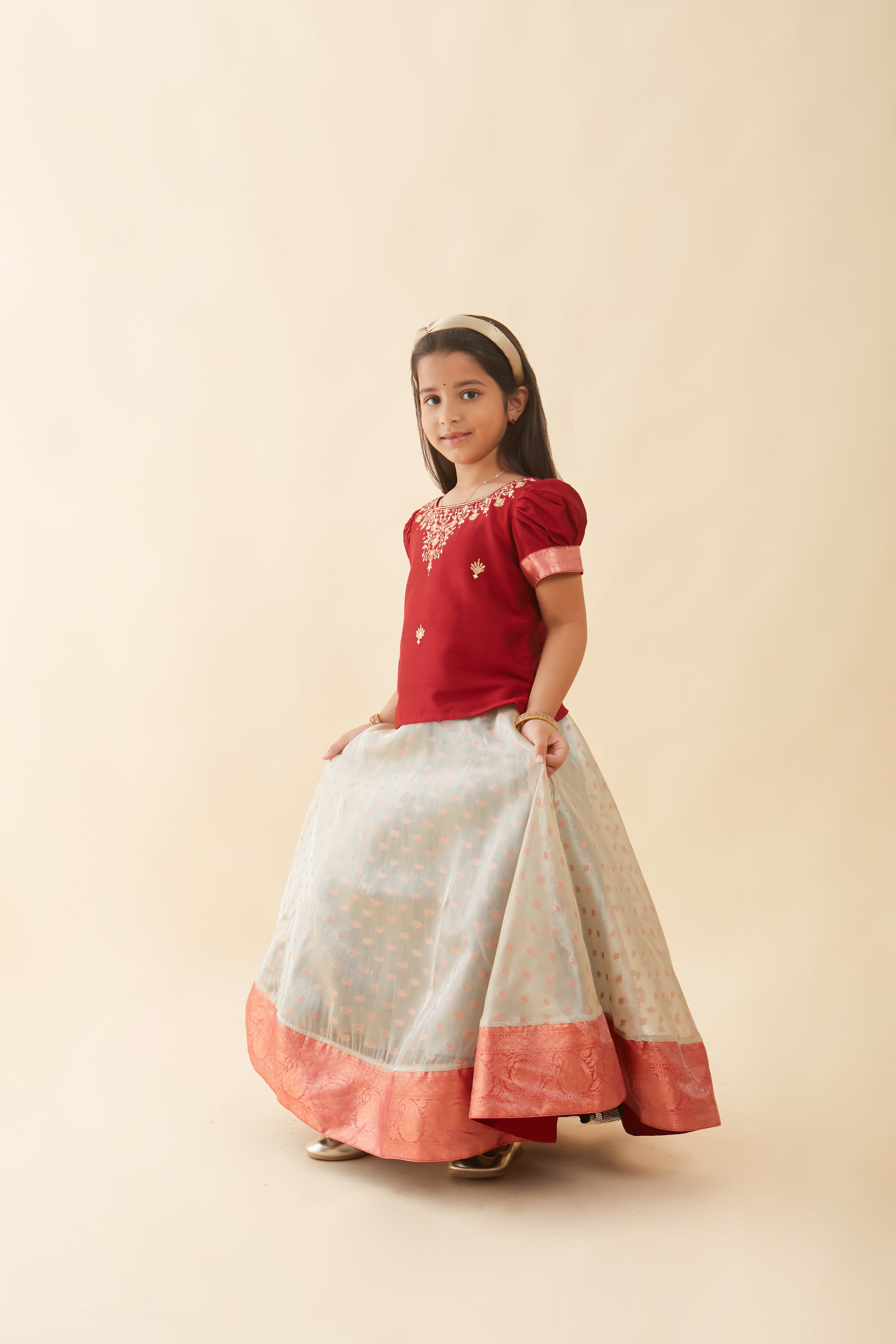 Floral Embroidered Neckline Top Brocade With Silk Border Kids Skirt Set Red