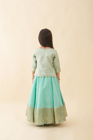 Contemporary Brocade Embroidered Top & Floral Printed Kids Skirt Set - Green