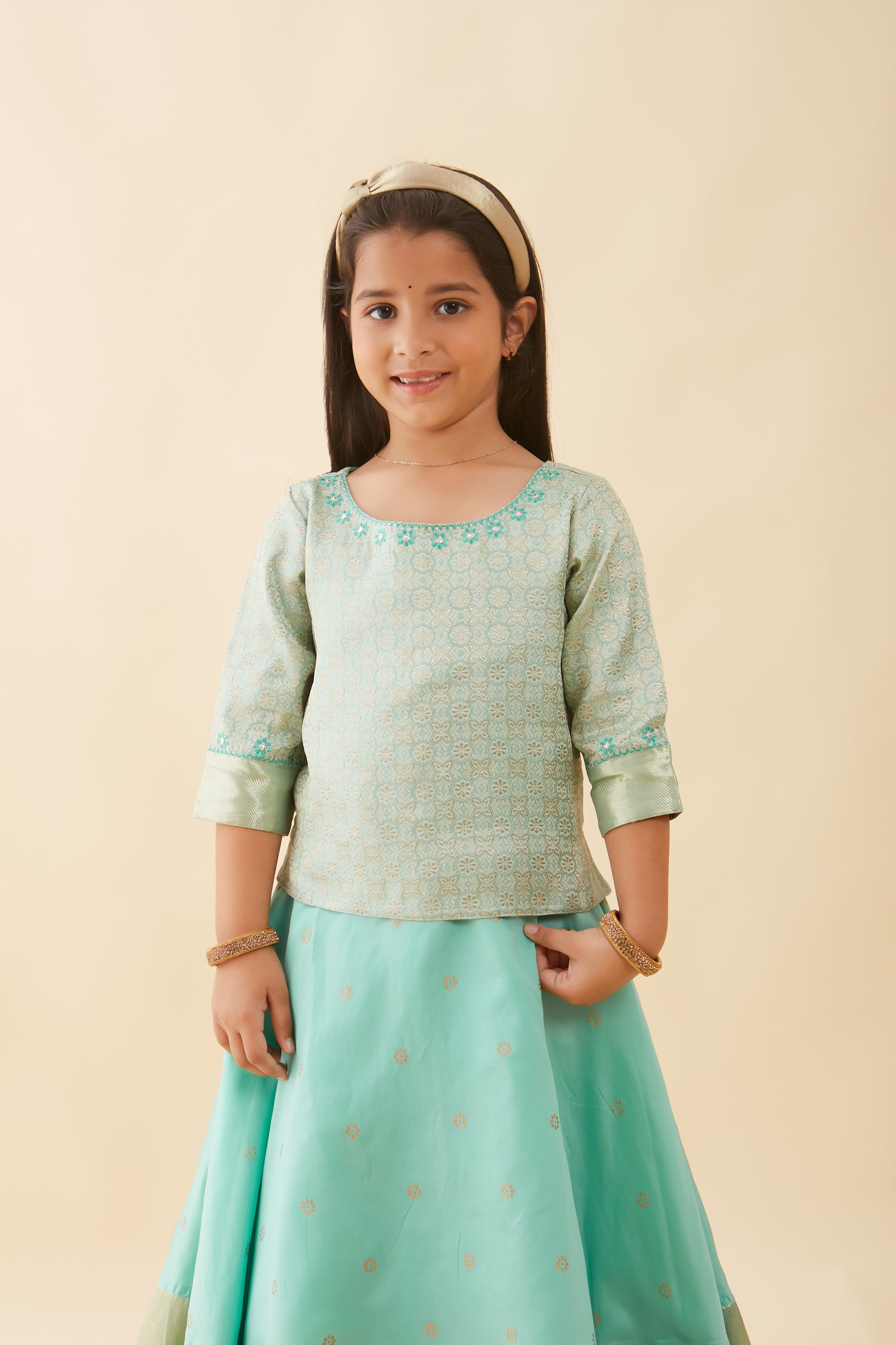 Contemporary Brocade Embroidered Top & Floral Printed Kids Skirt Set - Green