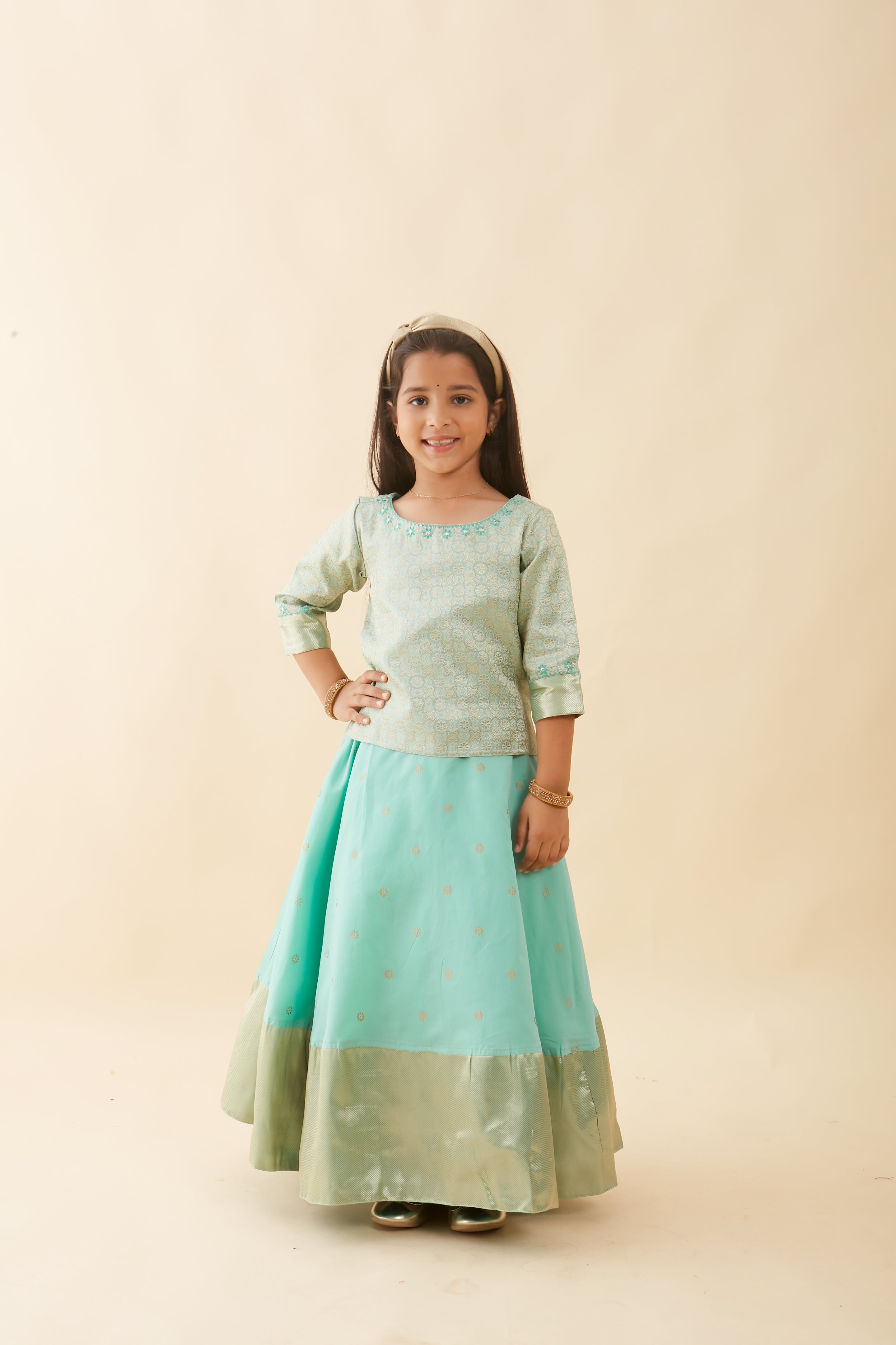 Contemporary Brocade Embroidered Top & Floral Printed Kids Skirt Set - Green