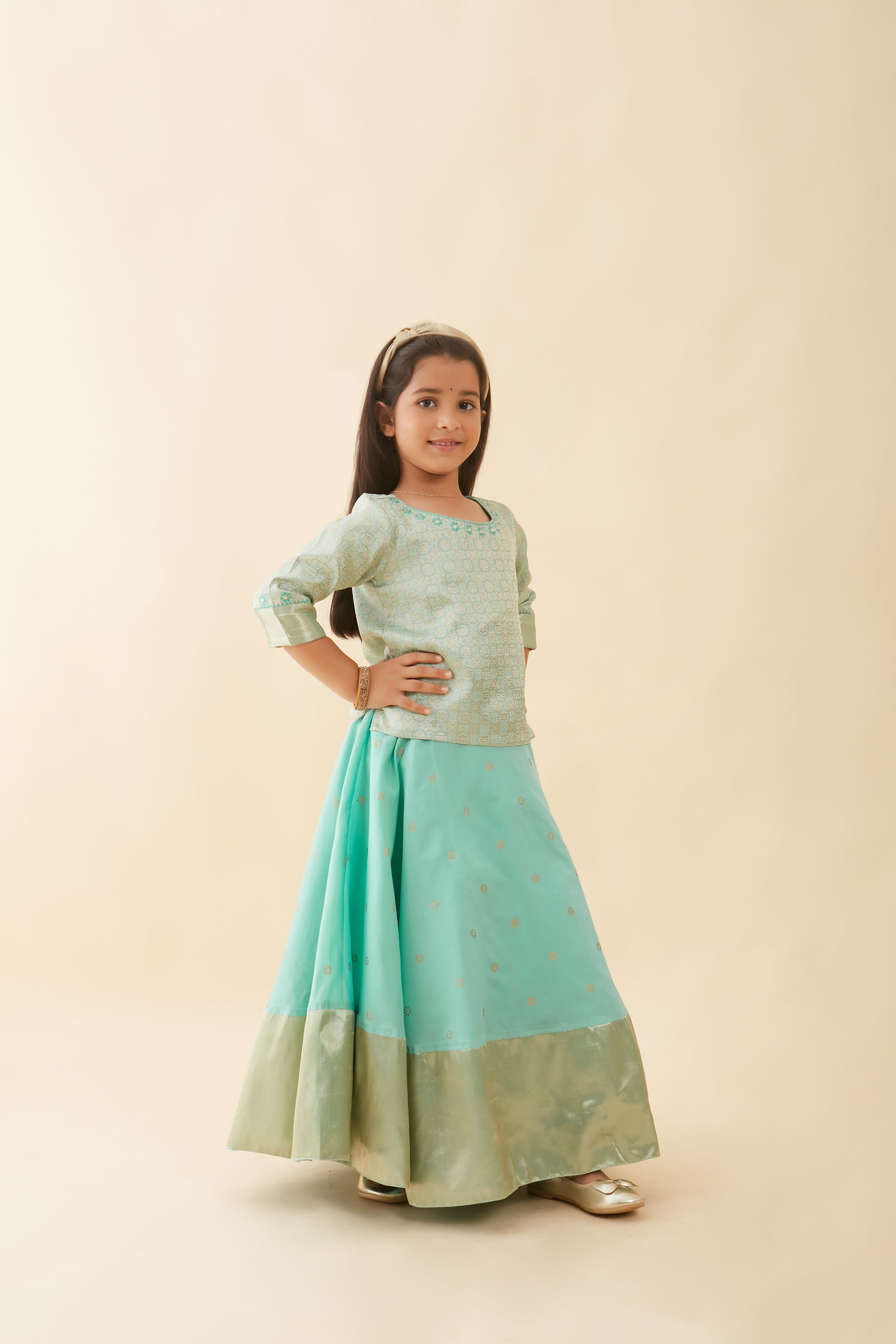 Contemporary Brocade Embroidered Top & Floral Printed Kids Skirt Set - Green