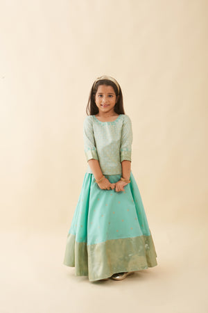 Contemporary Brocade Embroidered Top & Floral Printed Kids Skirt Set - Green