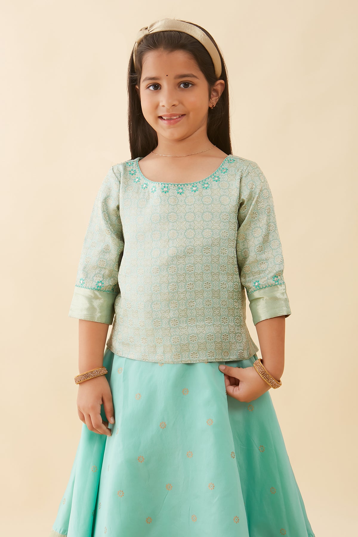 Contemporary Brocade Embroidered Top & Floral Printed Kids Skirt Set - Green
