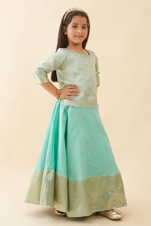 Contemporary Brocade Embroidered Top & Floral Printed Kids Skirt Set - Green
