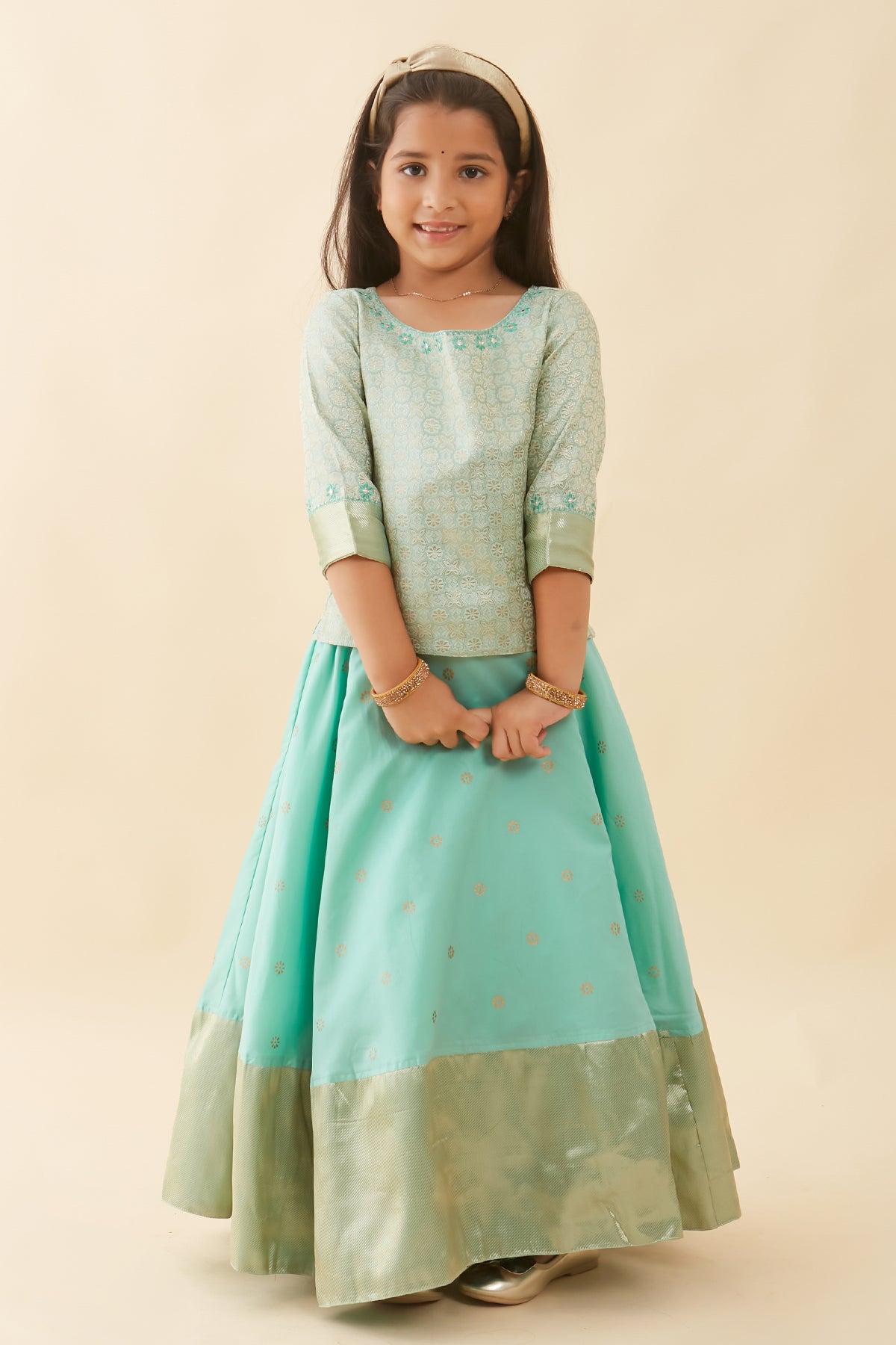 Contemporary Brocade Embroidered Top & Floral Printed Kids Skirt Set - Green
