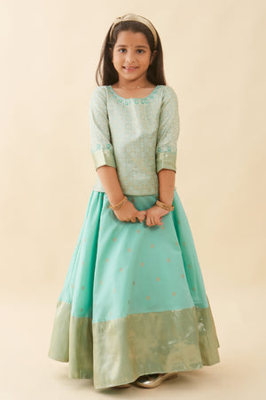 Contemporary Brocade Embroidered Top & Floral Printed Kids Skirt Set - Green
