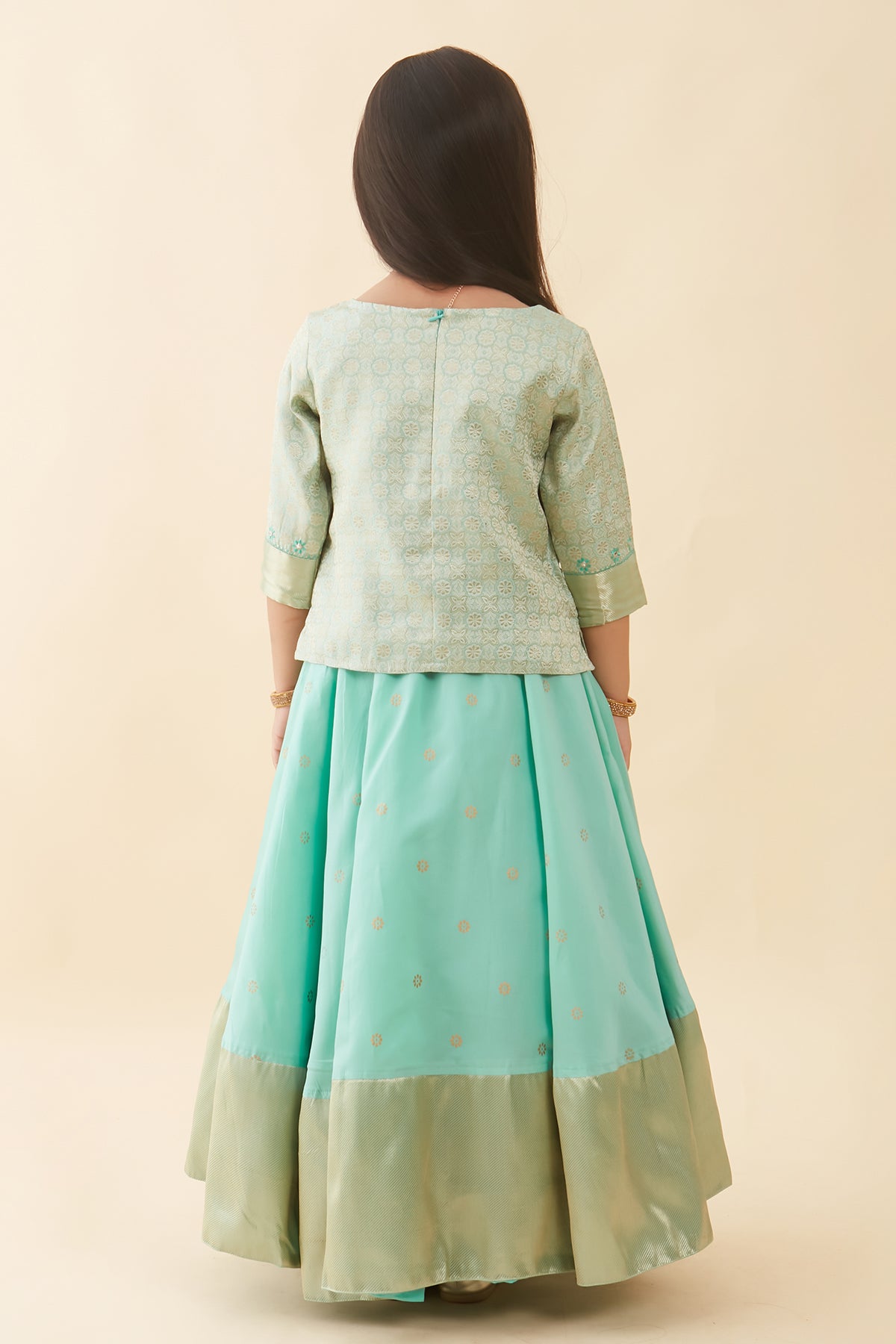 Contemporary Brocade Embroidered Top & Floral Printed Kids Skirt Set - Green
