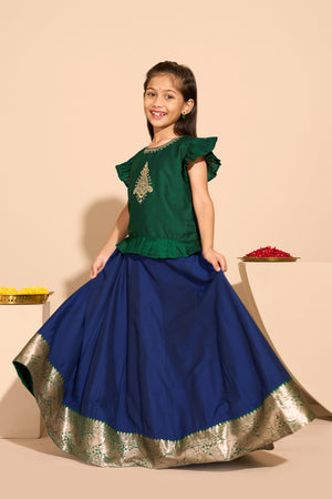 Paisley Embroidered Kids Skirtset with Border - Green & Blue
