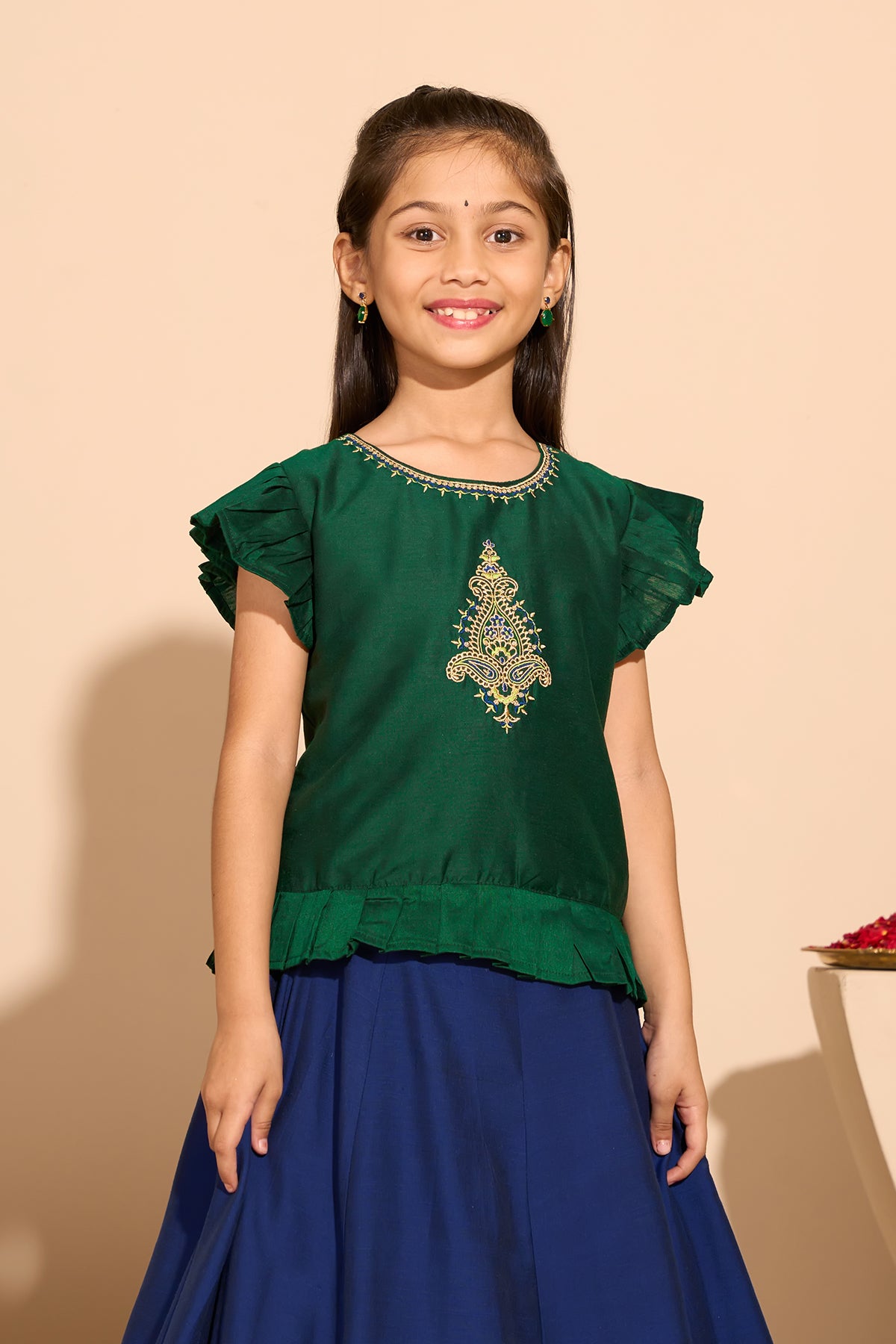 Paisley Embroidered Kids Skirtset with Border - Green & Blue
