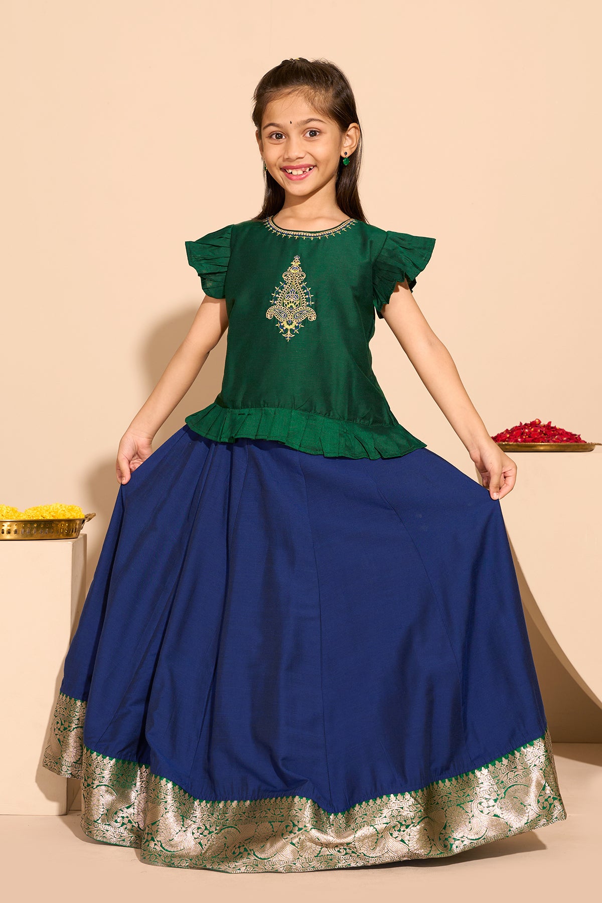 Paisley Embroidered Kids Skirtset with Border - Green & Blue