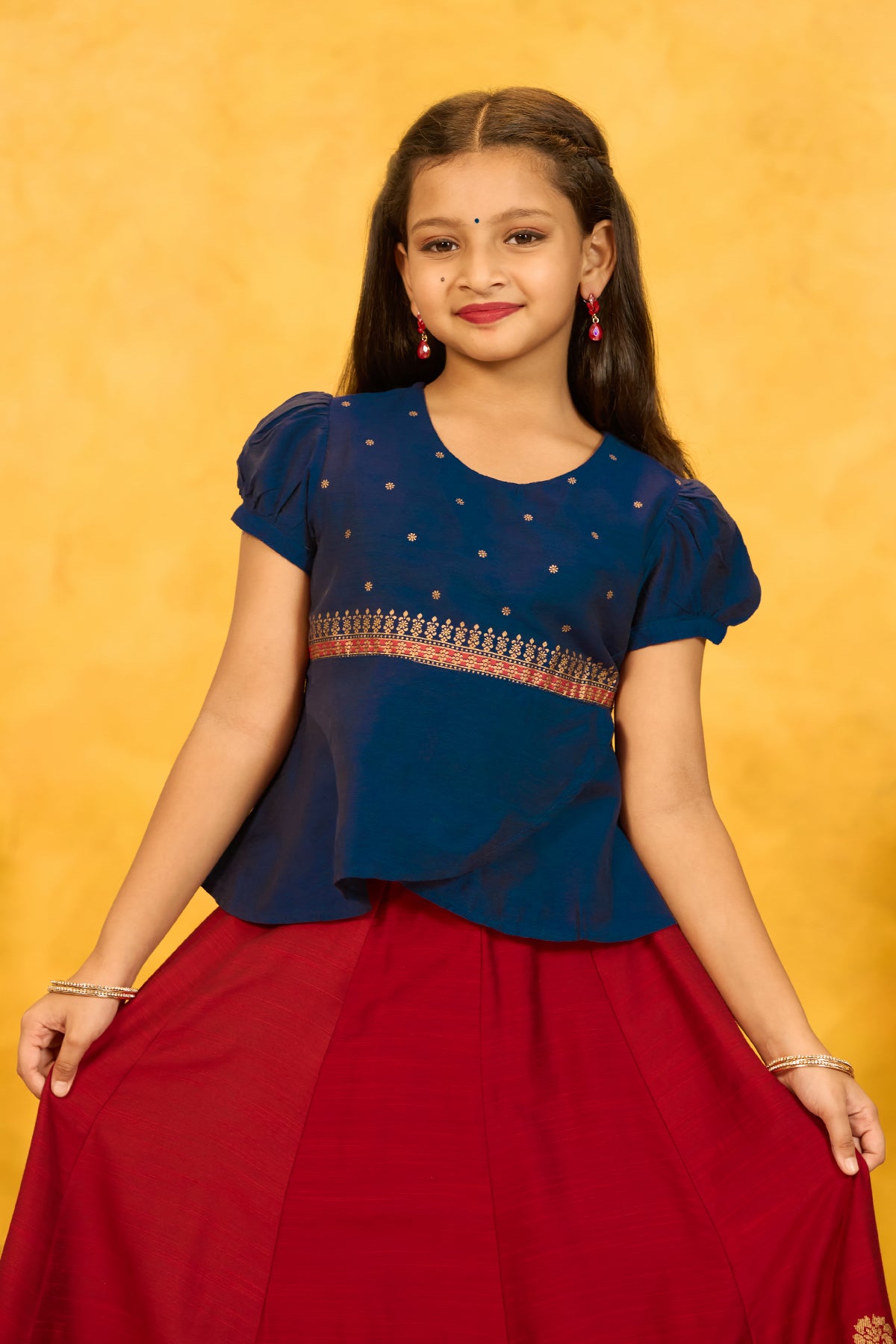 Vanasingaram Printed Kids Skirtset - Red & Blue