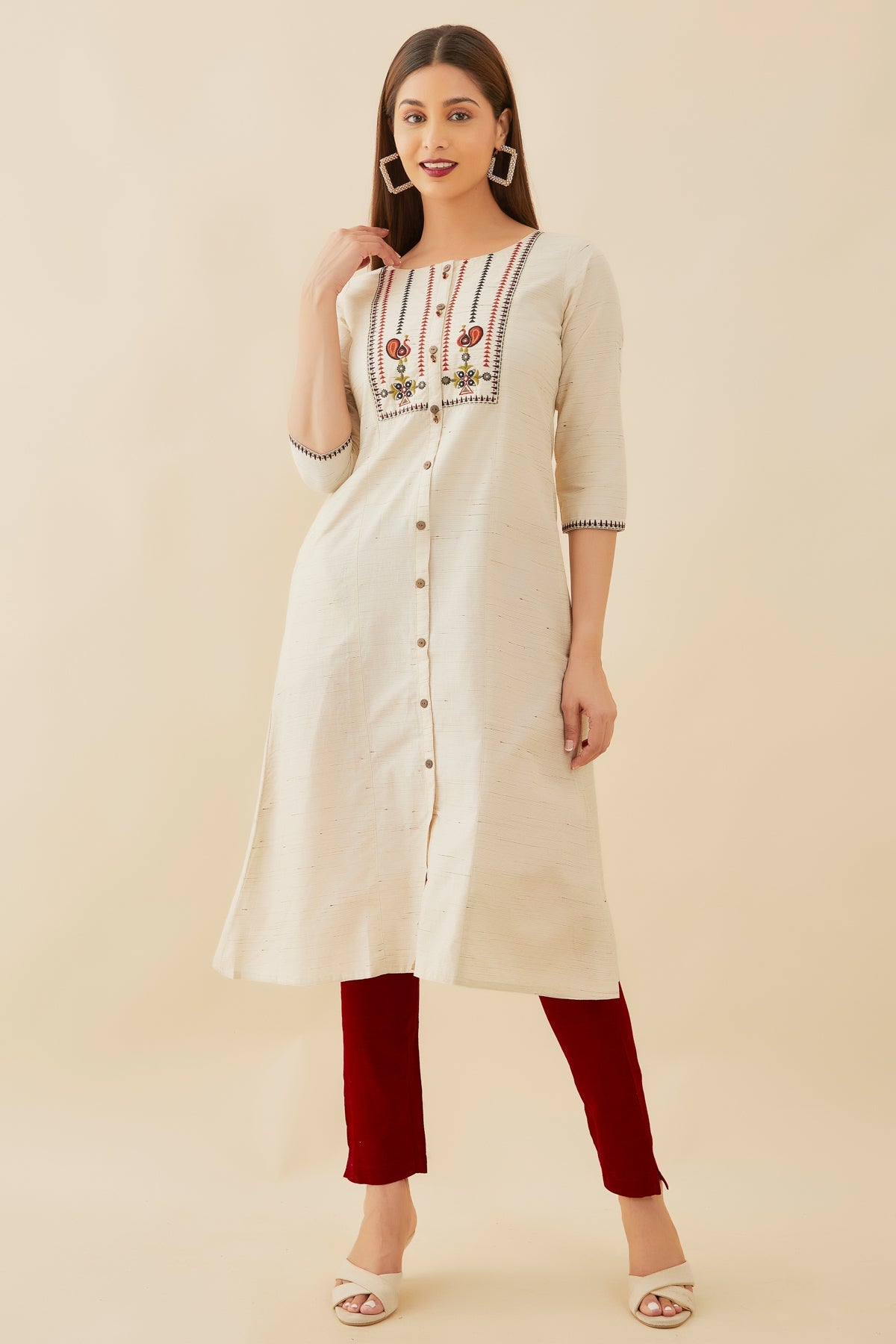 Peacock Placement & Geometric Embroidered Kurta - Beige