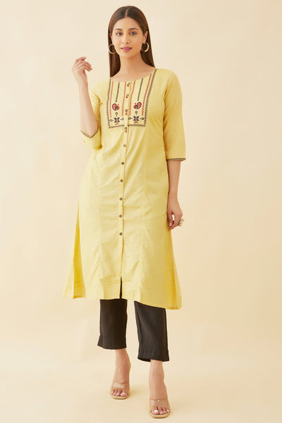 Peacock Placement & Geometric Embroidered Kurta - Yellow