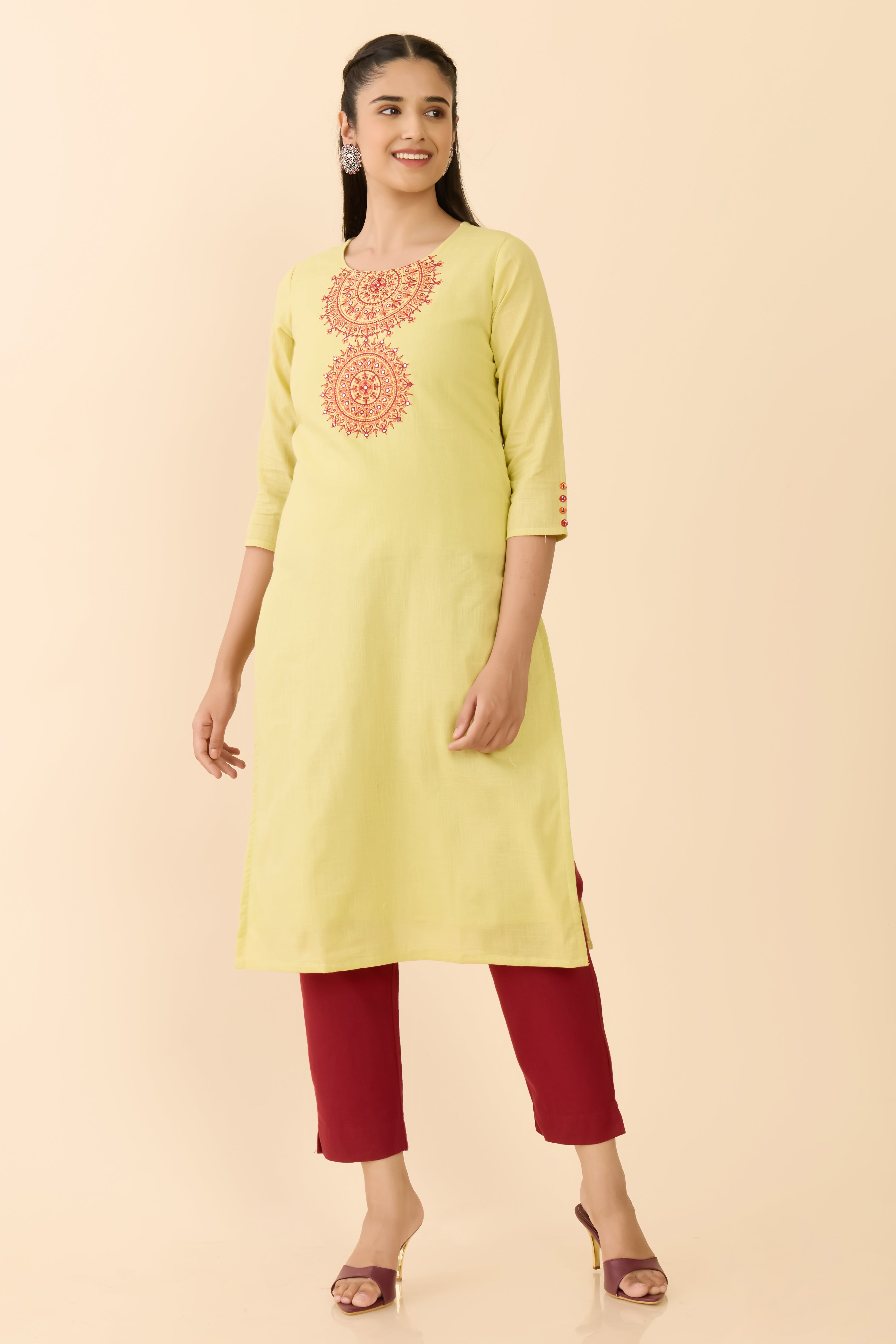 MUSTARD GREEN MANDALA EMBROIDERED STRAIGHT CUT KURTA