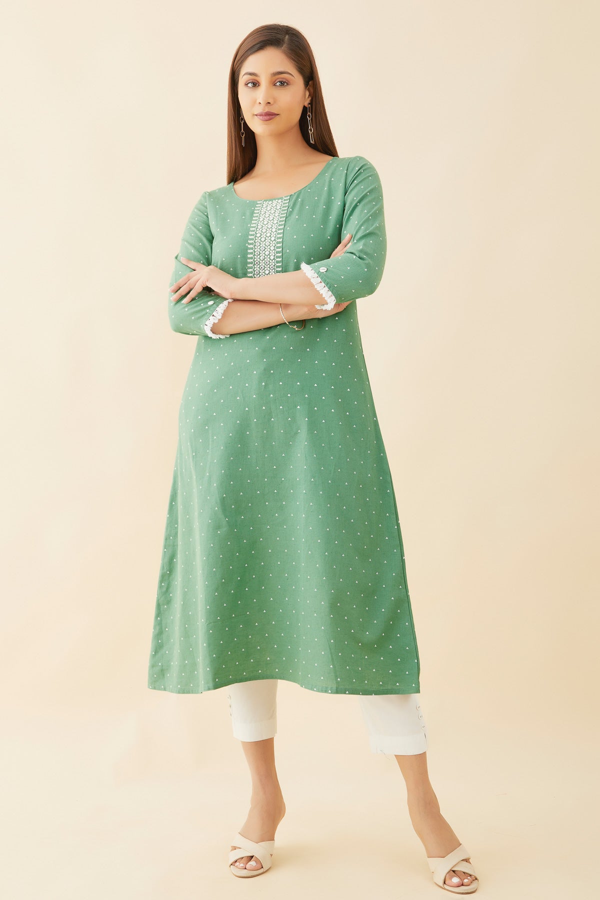 All Over Polka Dot With Embroidered Yoke A Line Kurta Green