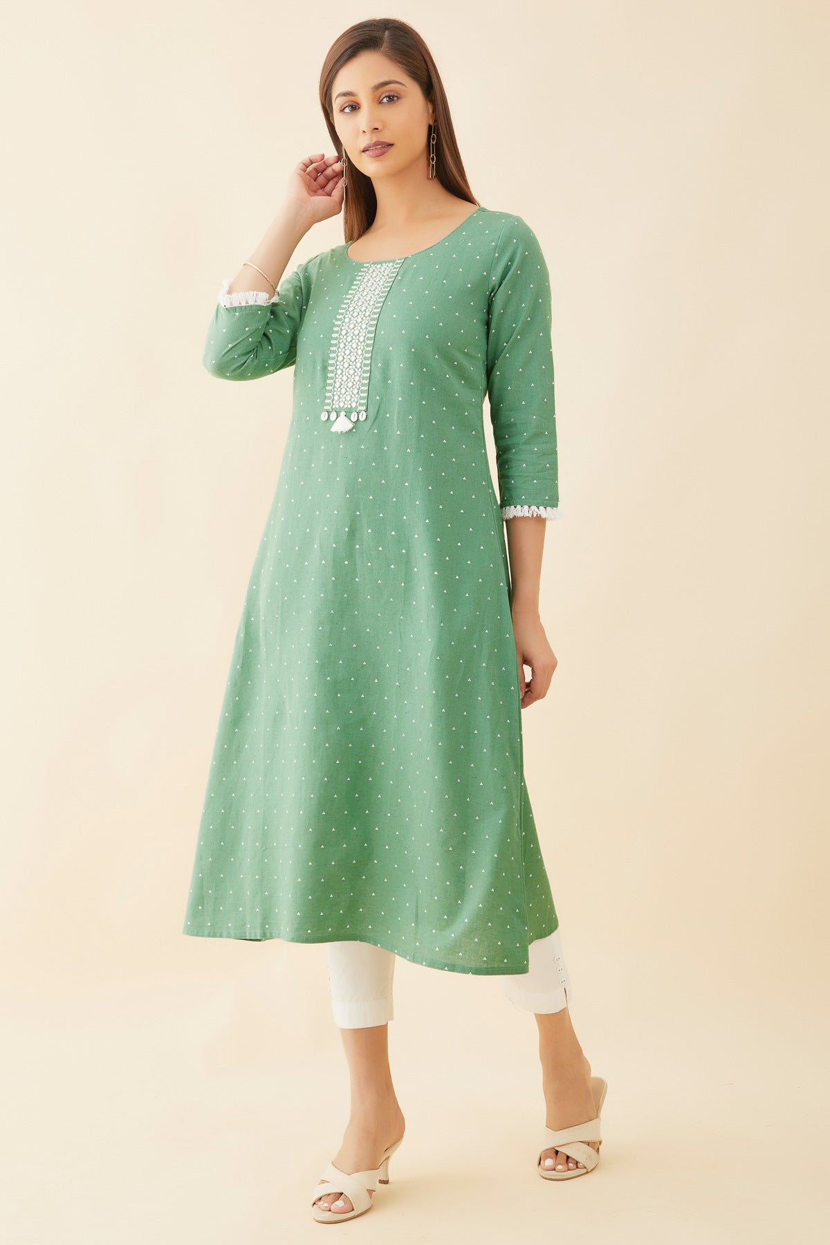 All Over Polka Dot With Embroidered Yoke A Line Kurta Green