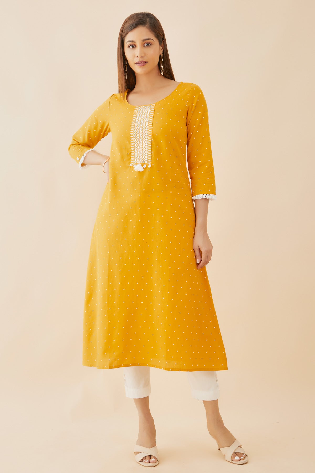 All Over Polka Dot With Embroidered Yoke A Line Kurta Yellow