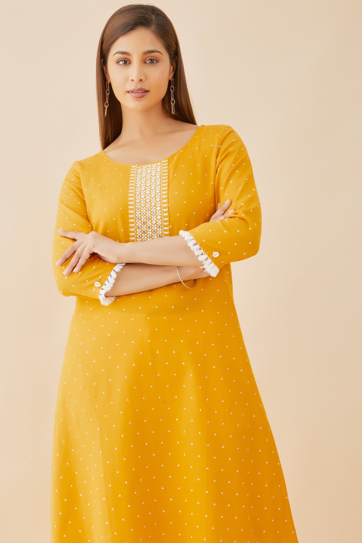 All Over Polka Dot With Embroidered Yoke A Line Kurta Yellow