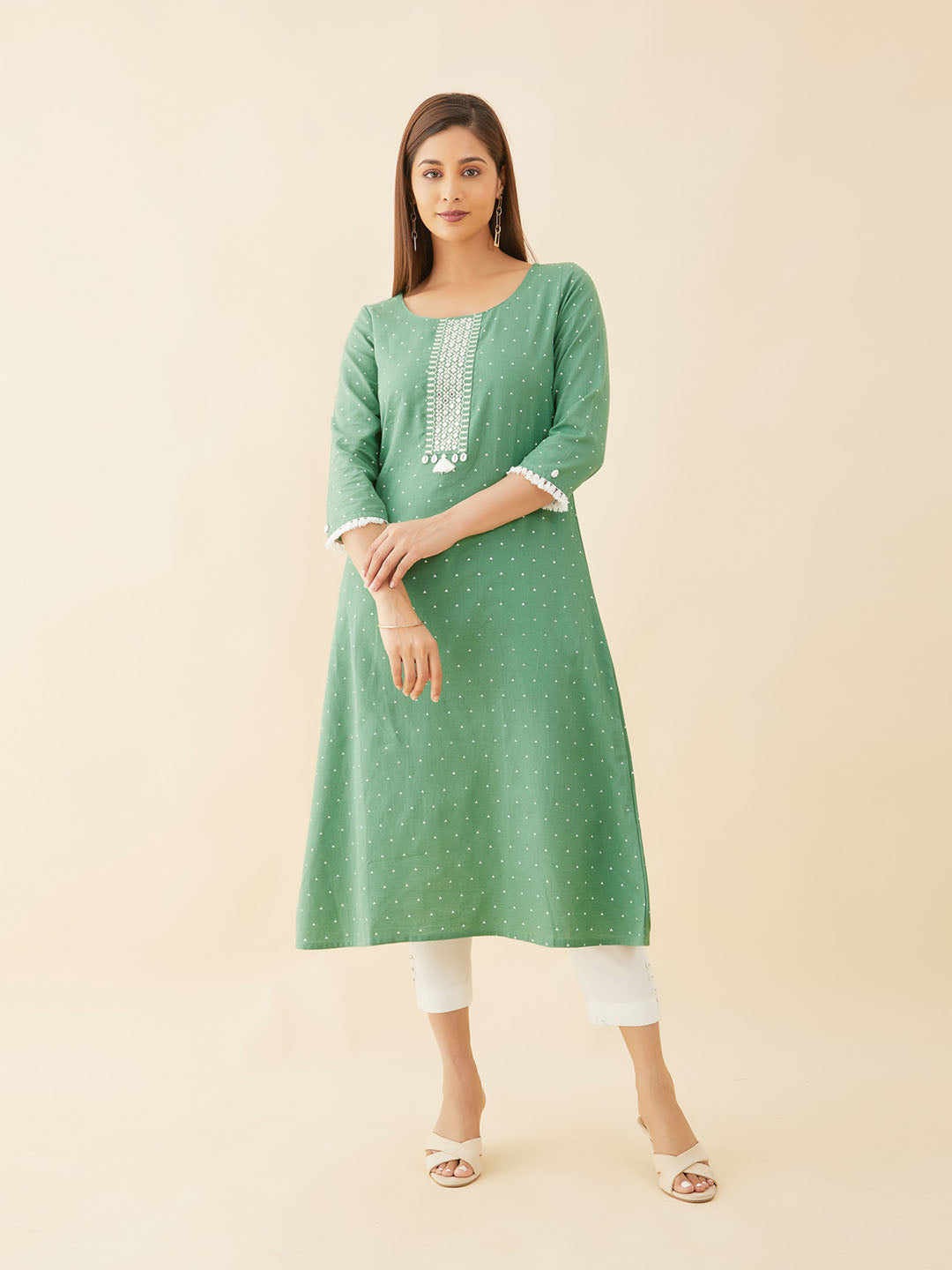 All Over Polka Dot With Embroidered Yoke A Line Kurta Green