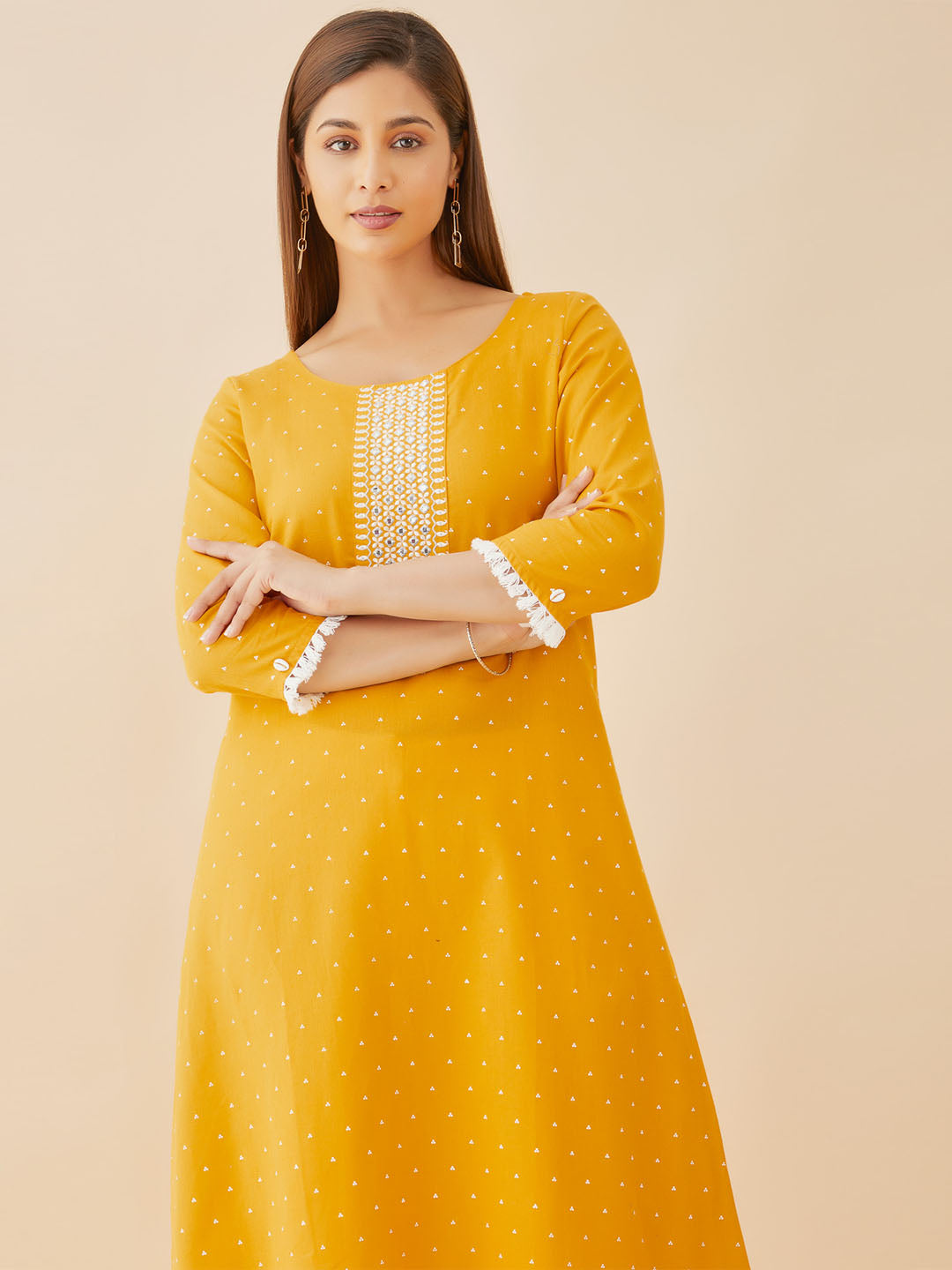 All Over Polka Dot With Embroidered Yoke A Line Kurta Yellow