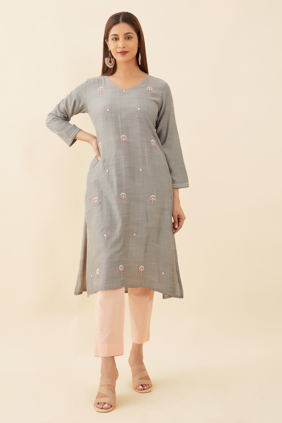 All Over Geometric Embroidered Kurta Grey