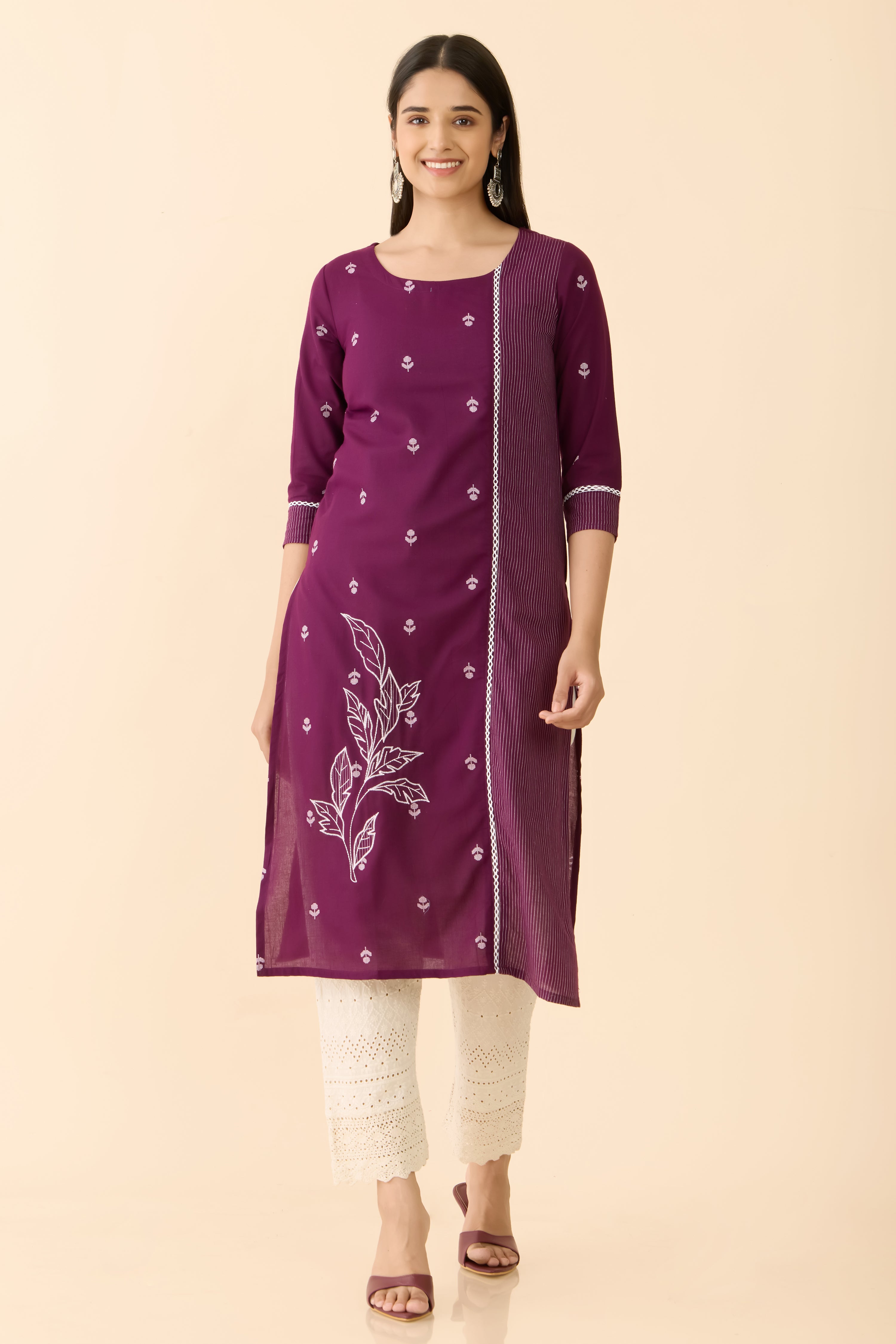 WINE BUTTA PRINTED STRAIGHT CUT KURTA