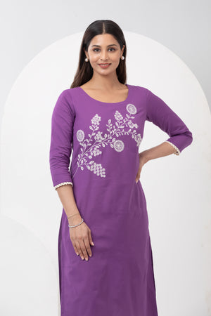 Linen Kurta with Floral Embroidery & Lace Hem - Purple