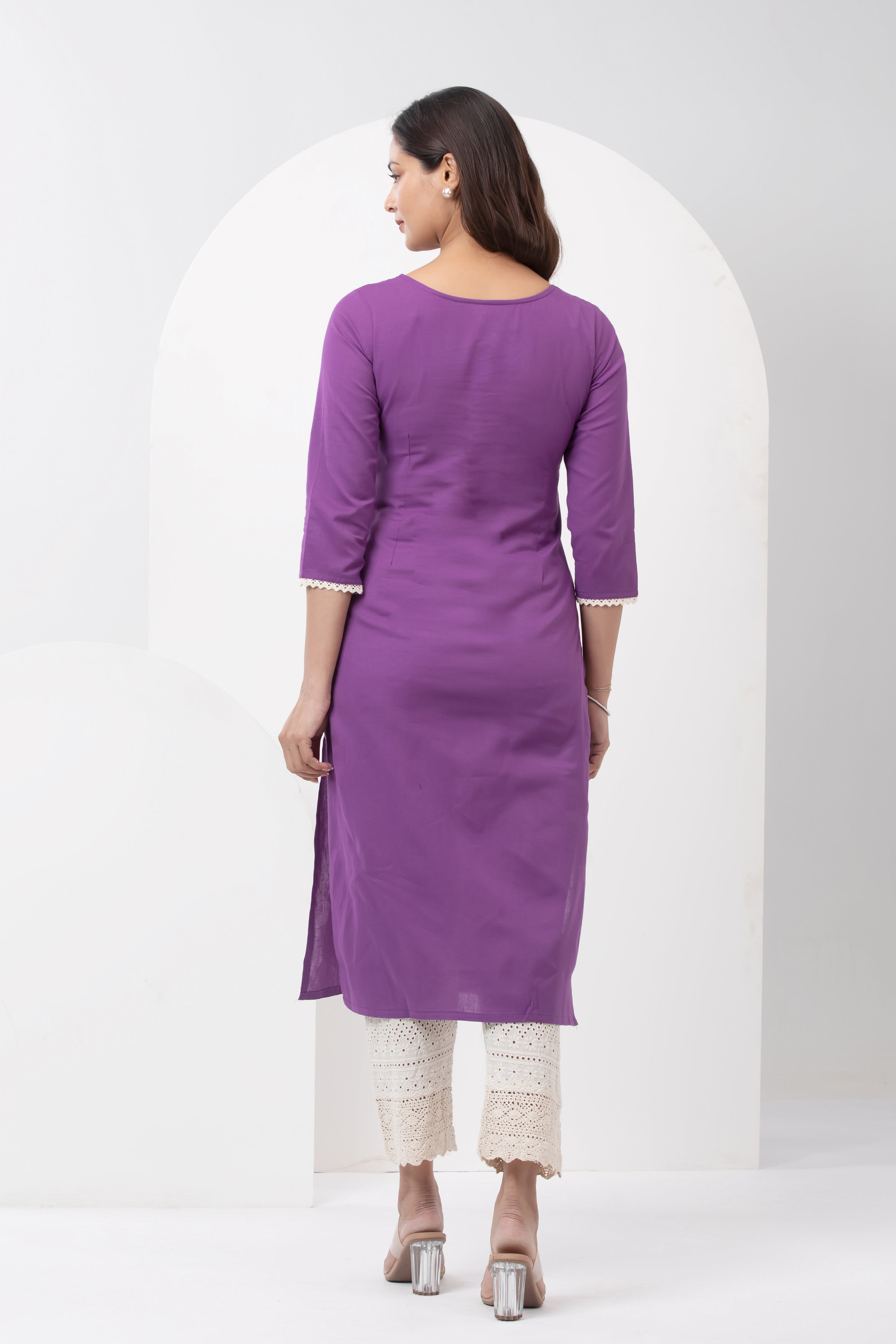 Linen Kurta with Floral Embroidery & Lace Hem - Purple