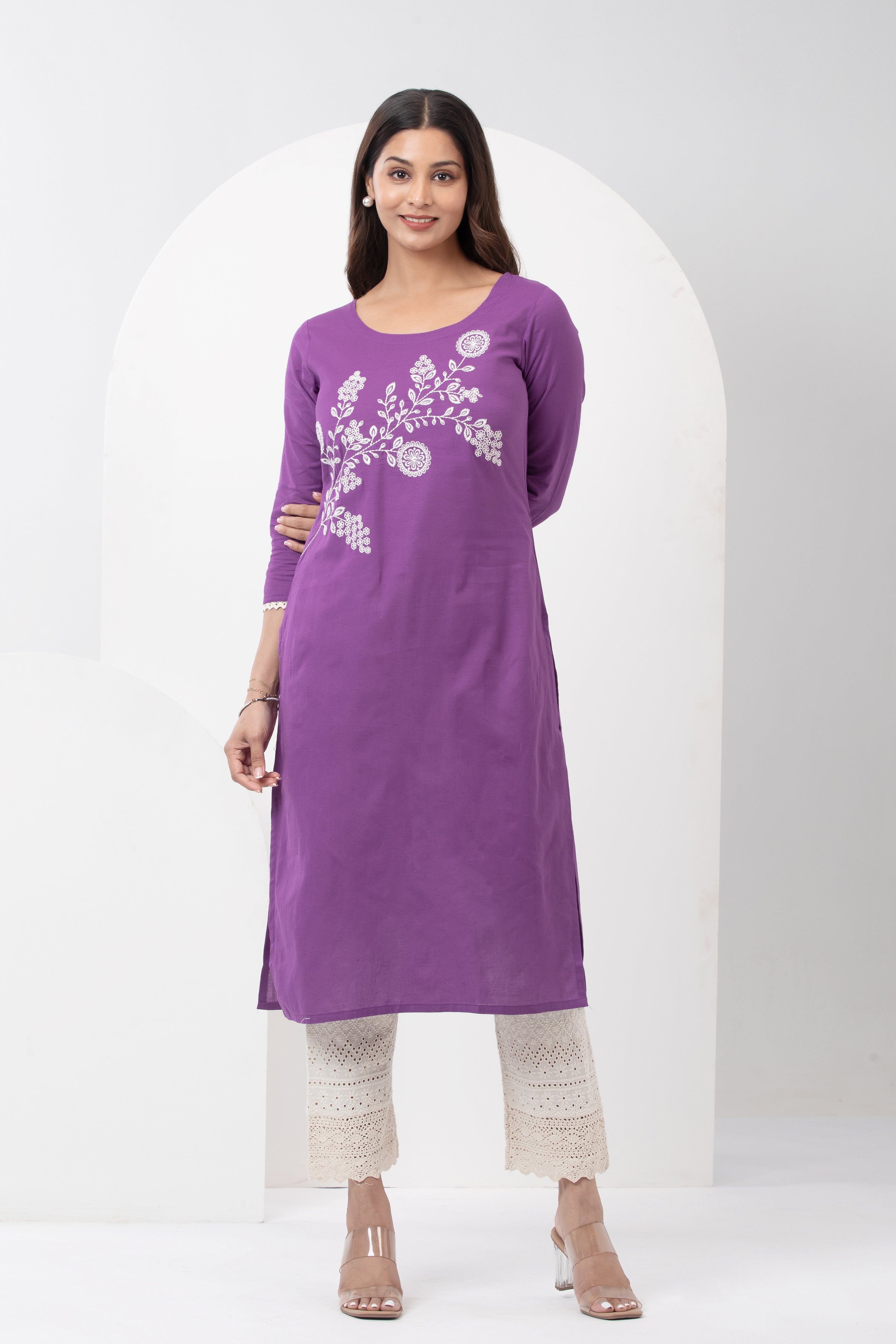 Linen Kurta with Floral Embroidery & Lace Hem - Purple